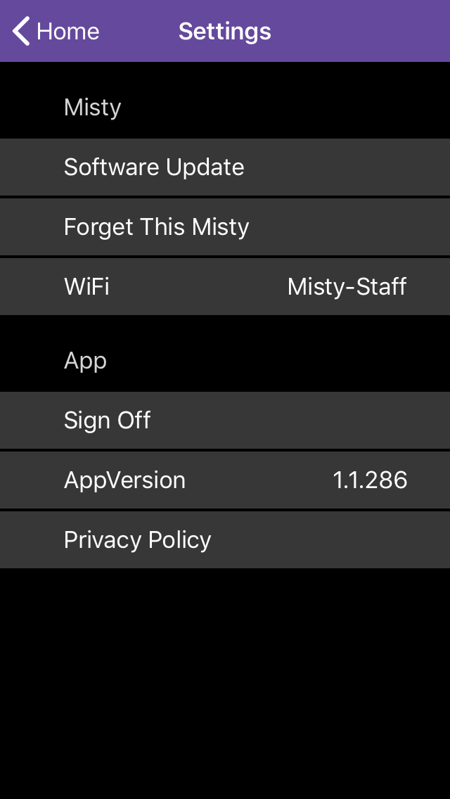 Misty App Settings screen